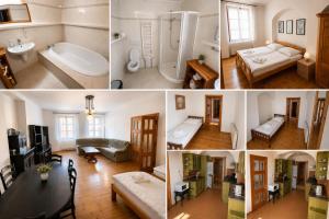 a collage of four pictures of a room at MiMo penzion in Telč