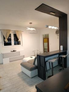 a bedroom with a desk and a bed in a room at Cozy apartment with garden in Sarajevo