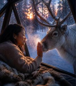 a woman looking out a window at a reindeer at SKOG Aurora Glass Igloos in Kalix
