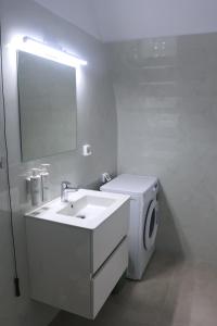 a white bathroom with a washing machine and a sink at Il Castello 1800 in Trifilliánika +8 photos