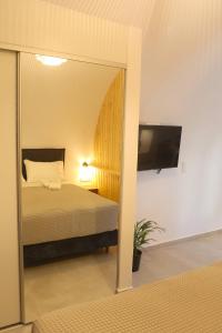 a bedroom with a bed and a flat screen tv at Il Castello 1800 in Trifilliánika