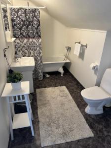 a bathroom with a tub and a sink and a toilet at Bruntegården in Rättvik +36 photos