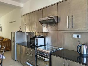 a kitchen with stainless steel cabinets and a microwave at Ocean Breeze Apartment Colombo in Colombo