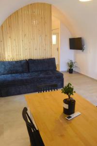 a living room with a blue couch and a wooden table at Il Castello 1800 in Trifilliánika