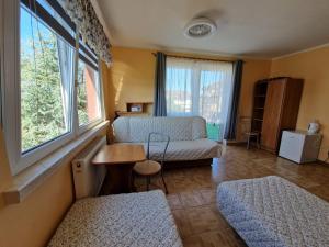 a living room with a couch and two windows at Emides in Pobierowo