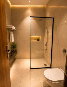 a bathroom with a shower and a toilet at Emerald Resorts and Hotel in Jāmb