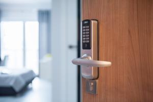 a close up of a door with a handle at Albatross Towers Joda Bed in Gdańsk