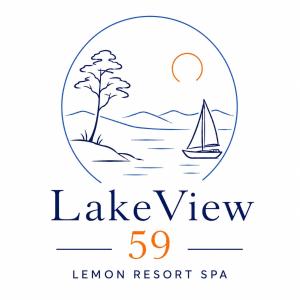 a yacht in the ocean and a tree in a circle with the words lake view at LakeView 59 Lemon Resort Spa in Gródek Nad Dunajcem