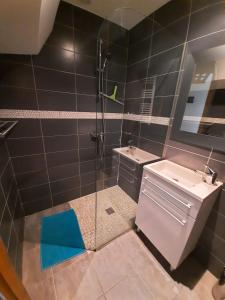 a bathroom with a shower and a sink and a mirror at Altissim Grizzly in Pas de la Casa +50 photos