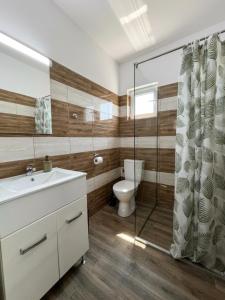 a bathroom with a toilet and a glass shower at Vila Diana in Venus