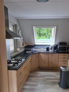 a kitchen with a stove and a sink and a window at Bosvilla in Harfsen +11 photos