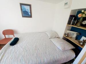 a bedroom with a bed and a book shelf at Le Nid, petit studio cosy et central in Besançon