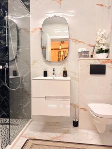 a bathroom with a sink and a mirror at F&Lrelax-Apartamente de închiriat aproape de plajă in Mamaia Sat/Năvodari +9 photos