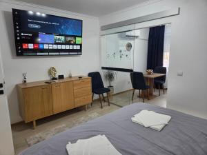 a bedroom with a bed and a tv on the wall at Luna Studio in Hunedoara