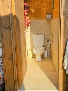 a bathroom with a toilet in a small room at משק רפאל - פרדס חנה in Pardes H̱anna