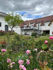 a garden with pink flowers in front of a house at Au parfum des roses in Gunstett