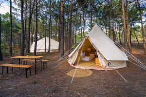 a tent with a table and benches in a forest at Kampaoh São Pedro de Moel in Marinha Grande +46 photos