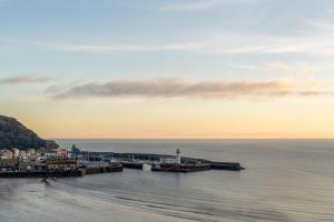 a view of a beach with a pier and the ocean at The Grand Scarborough in Scarborough