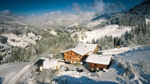 an aerial view of a house covered in snow at Hotel Biobauernhof Hinteraltensberg Wildschönau in Auffach