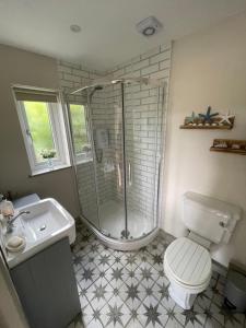 a bathroom with a shower and a toilet and a sink at Lavender Lodge in Briston +11 photos