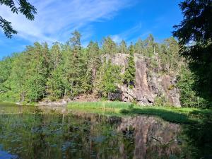 a mountain reflection in a body of water at Cottage / Mökki, unique summer cottage in Vihti +59 photos