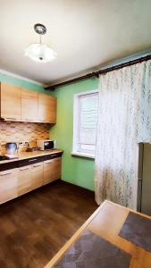 a kitchen with green walls and a window at Водопійна 19 CityRooms in Bila Tserkva