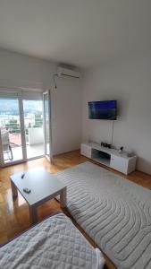 a living room with a tv and a large rug at Topla Heat Apartman in Herceg-Novi