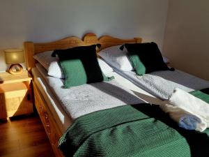 two beds in a bedroom with green and black pillows at Zielony Zakontek in Ratułów