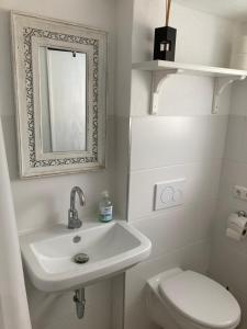 a bathroom with a sink and a toilet and a mirror at Appartement 1 in Wackersdorf