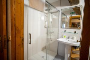a bathroom with a sink and a glass shower at La Posada Nueva in Viscarret-Guerendiáin