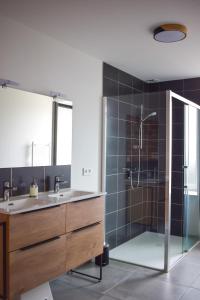 a bathroom with a shower and a sink and a mirror at L'atelier de Mathieu meublés de tourisme classés in Saint-Rémy-sur-Durolle +45 photos