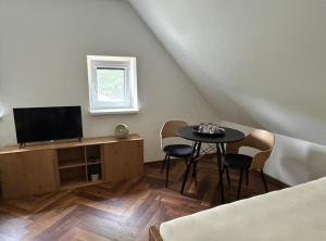 a room with a table with chairs and a television at Na Špici Bítov in Bítov