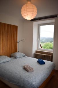 a bedroom with a bed with a lamp and a window at L'atelier de Mathieu meublés de tourisme classés in Saint-Rémy-sur-Durolle