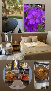 a collage of pictures of a room with a bed and flowers at Pousada raios de sol in Chapada dos Guimarães