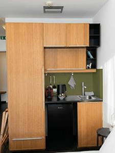 a small kitchen with wooden cabinets and a sink at Elite Ermou Suites in Athens