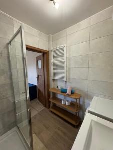 a bathroom with a shower and a sink at Pod skrzydłami in Miłomłyn +29 photos