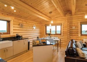 a log cabin kitchen and living room with wooden walls at Laxfield Lodges in Laxfield