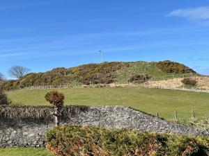 Eine Steinmauer vor einem Hügel mit einem Baum in der Unterkunft Jebel in Cullen