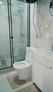 a bathroom with a white toilet and a shower at Парус in Cholpon-Ata +64 photos