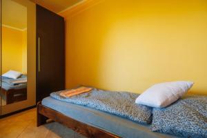 a bedroom with a bed with a pillow and a mirror at Pastvinka in Pastviny