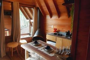 a kitchen with a table and a stove in a room at Cabana Bem-te-vi in Três Coroas