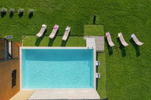 an overhead view of a swimming pool with lounge chairs at Como home residence in Carlazzo