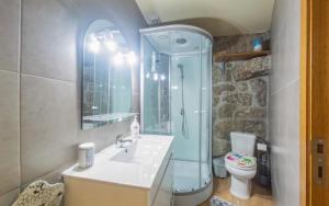 a bathroom with a shower and a sink and a toilet at Casa da Bia - Gerês in Terras de Bouro +18 photos
