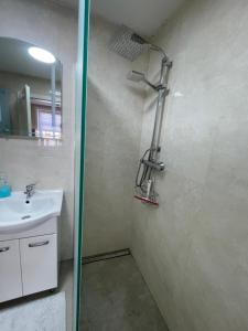 a bathroom with a shower and a sink at Alte Wollspinnerei Melsungen in Melsungen