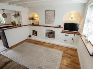 a living room with a fireplace and a tv at Pax Cottage in Beccles