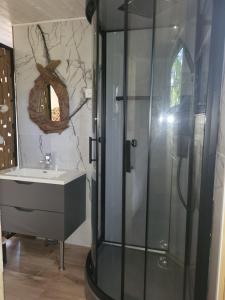 a bathroom with a glass shower and a sink at POD es Aqui et sa cabanette in Alès