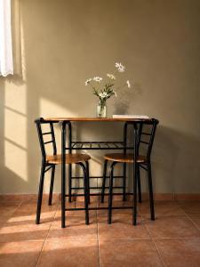 a table with two chairs and a vase with flowers at Anastasis Apartments in Trapezaki