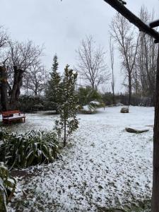 a snow covered park with a bench and trees at CABAÑAS LA PILARICA in San Rafael