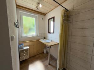 a small bathroom with a sink and a window at Gîte Le p'tit Chasseral in Maîche +26 photos