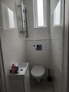 a white bathroom with a toilet and a sink at Apartament Biała Przystań in Nowy Sącz